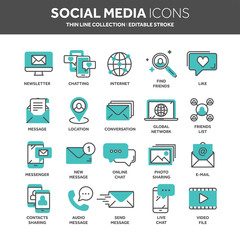 Communication. Social media. Online chatting. Phone call, app messenger. Mobile,smartphone. Computing.Email. Thin line blue web icon set. Outline icons collection. Vector illustration.