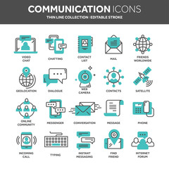 Communication. Social media. Online chatting. Phone call, app messenger. Mobile,smartphone. Computing.Email. Thin line blue web icon set. Outline icons collection. Vector illustration.