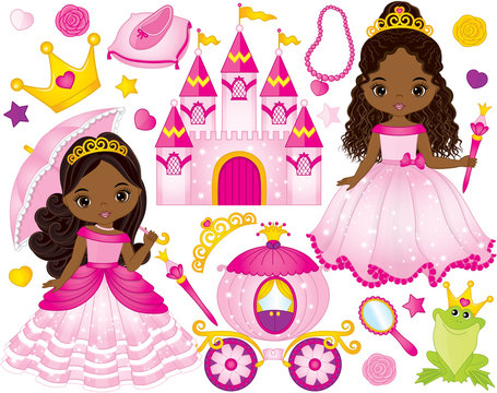 Vector Set of Beautiful African American Princesses and Fairytale Elements