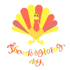 Flat design typography banner Thanksgiving, stylised red and yellow turkey, hand drawn lettering on white stock vector illustration