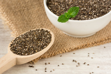 Wooden spoon filled with chia seeds.