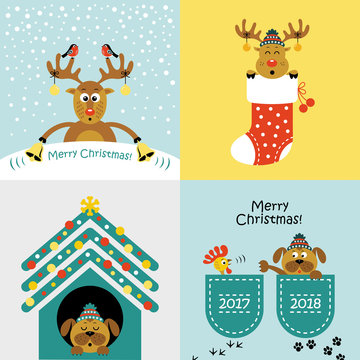 Christmas card. A cartoon reindeer. A cartoon dog. Vector illustration