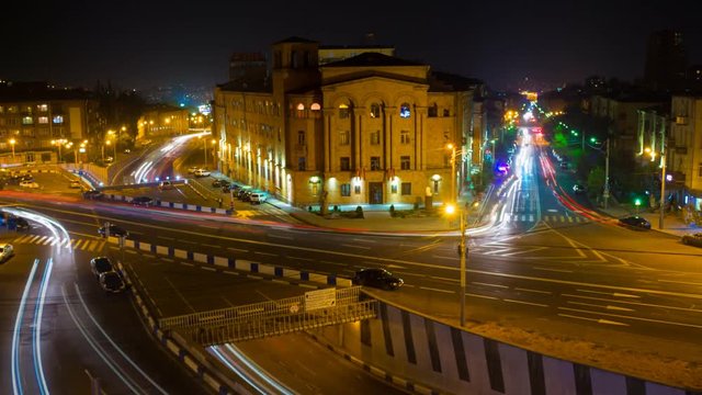 Time lapse cityscape traffic with motion blur pictures . Yerevan at night.