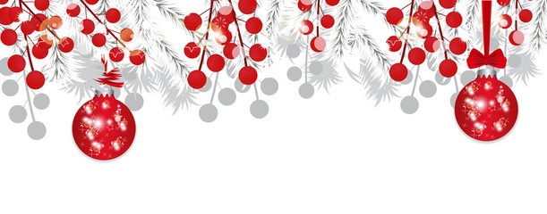 Naklejka na ściany i meble Christmas tree white branches with holly berries and red baubles. Holidays decoration banner. Vector