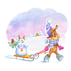 Watercolor Christmas little bull and snowman. Painting cute cartoon character