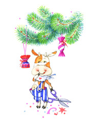 Watercolor Christmas little bull. Painting cute cartoon character