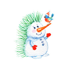 Watercolor Christmas snowman with bullfinch. Painting cute cartoon character