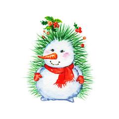 Watercolor Christmas snowman. Painting cute cartoon character