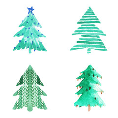 Watercolor Christmas tree set. Hand drawn abstract illustration on white background