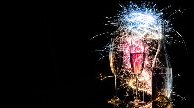 Bottle and glasses with champagne in colorful sparks of Bengal l