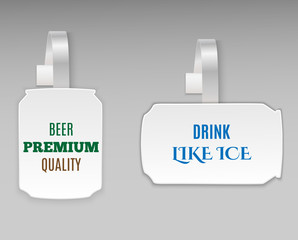 Vector blank shape white can of drink paper plastic wobbler front view. Isolated on background. Advertising price stickers for drink, water, for cafe, bar, shops, street food.Vector illustration.