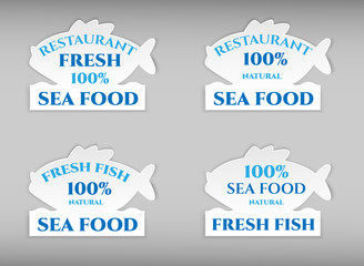 Set vector blank shape white fish paper plastic advertising price wobbler front view. Isolated on background. Advertising price stickers for restaurant, cafe, bar, shops, street food.