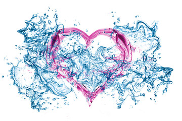 Pink Heart from water splash with bubbles isolated on white