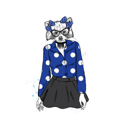 A stylish raccoon with a human body. A girl in a skirt and blouse. Fashion and Style. Hipster.