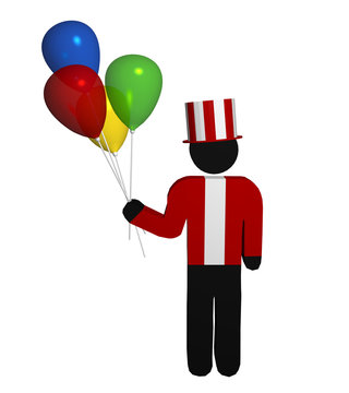 Luftballonverkäufer mit rot-weiß gestreiftem Zylinder auf weiß isoliert