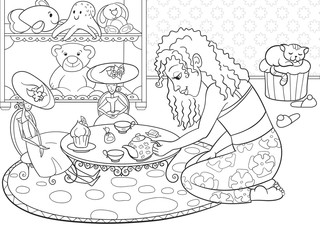 Children coloring raster girl in childrens room playing with dolls