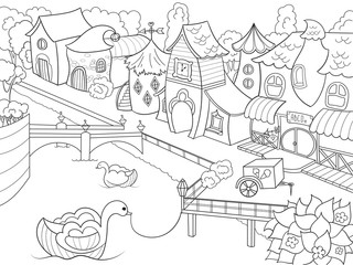 Naklejka premium Children coloring raster fairy city with river