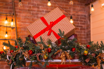 present boxes vintage style. Selective focus. Copy space. Holiday concept. Surprise moments. Happy holiday  time. 