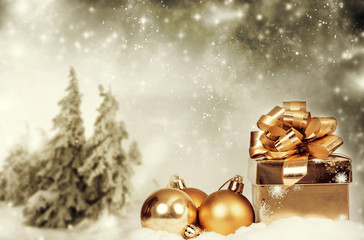 Fototapeta na wymiar Christmas decorations against winter background