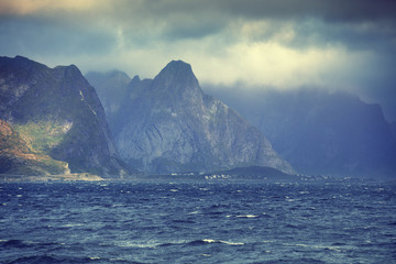 View of mountain seashore. Beautiful nature Norway. Lofoten islands