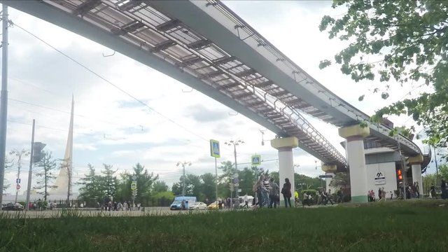 cars and Monorail In City Timelapse