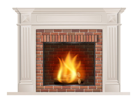Classic fireplace with pilasters and a furnace with red brick inside. The element of the interior living room. Vector illustration.
