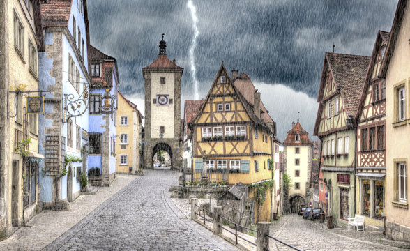 Das "Plönlein" in Rothenburg ob der Tauber bei Gewitter