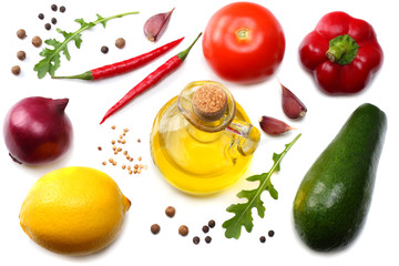 healthy food. mix of avocado, lemon, tomato, red onion, garlic, sweet bell pepper and rucola leaves isolated on white background top view