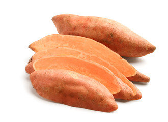 Slices sweet potatoes on white background