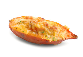 Yummy stuffed sweet potato on white background