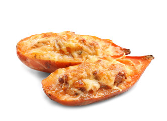 Yummy stuffed sweet potato on white background