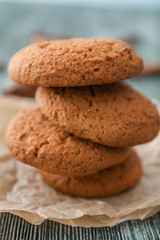Tasty oatmeal cookies on table, closeup