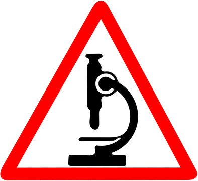 Science germ bacteria risk medical caution microscope in red triangular warning road sign on white background