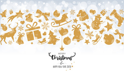 Christmas card with golden decorations on bokeh