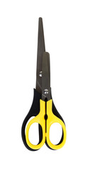 Metal scissors with black and yellow pen on white background