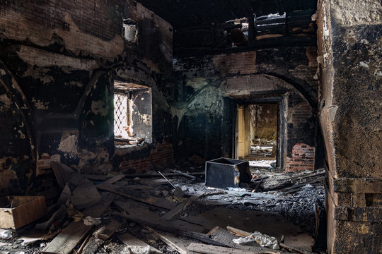 Burned interior of the old historical mansion in Astrakhan