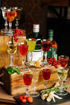 set with different drinks on interior background