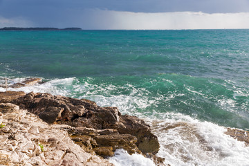 Stormy rocky beach in Istria, Croatia.