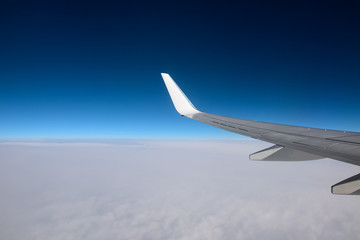 The wing of an airplane in a pure day sky. Between heaven and earth. Picture for add text message or frame website.