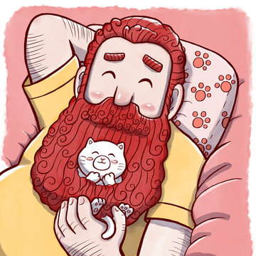 Shy Man with a Cat Hiding in His Beard