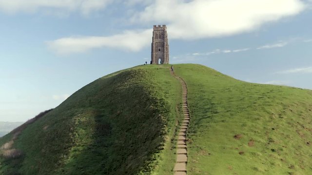 Aerial View of Glastonbury Tor and St Michael's Tower in Somerset, England