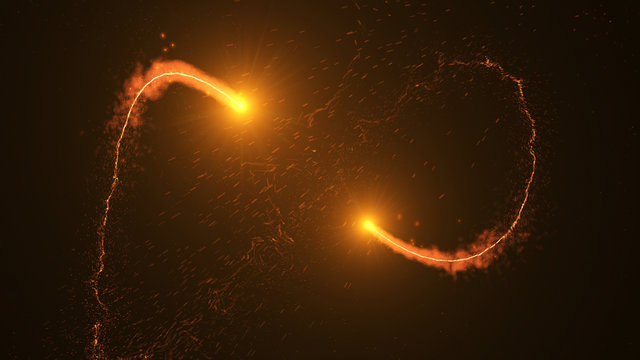 Fire comet flying. Shining lights in motion with small particles. Ring of fire, Plasma ring on a dark background. 3D rendering, Abstract background.