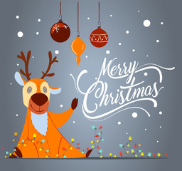 Fototapeta premium Merry Christmas greeting card in cartoon style. Cute deer character.
