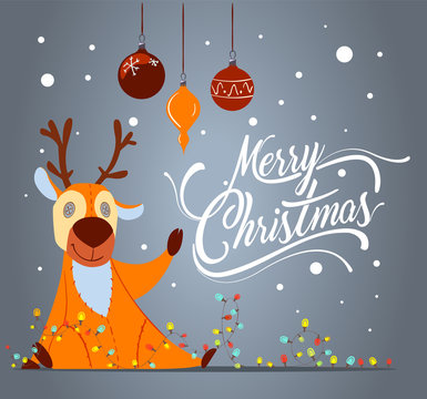 Merry Christmas greeting card in cartoon style. Cute deer character.