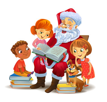 Santa Claus reading the book to children
