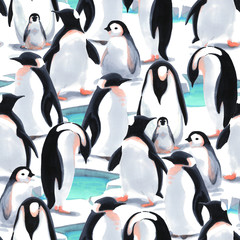 Watercolor seamless pattern witn penguin's flock  on the snow