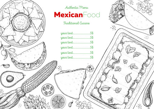 Mexican food top view frame. A set of classic mexican dishes with nachos, burritos, enchiladas. Food menu design template. Vintage hand drawn sketch vector illustration. Mexican cuisine engraved image