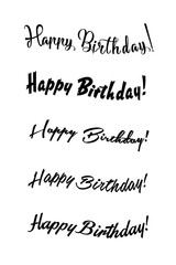 Happy birthday vintage hand lettering, brush ink calligraphy, vector type design, isolated on white background. Black and white. Handwritten modern brush lettering of Happy Birthday.