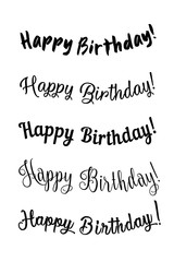 Happy birthday vintage hand lettering, brush ink calligraphy, vector type design, isolated on white background. Black and white. Handwritten modern brush lettering of Happy Birthday.