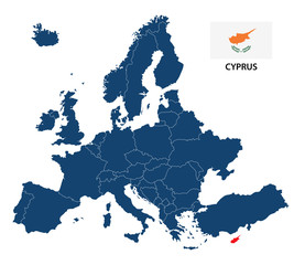 Vector illustration of a map of Europe with highlighted Cyprus and Cypriot flag isolated on a white background